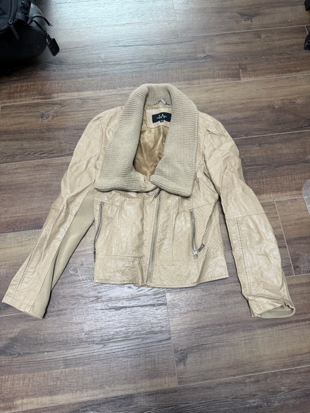 Pleather Moto Jacket with Knit Shawl Collar - Beige
